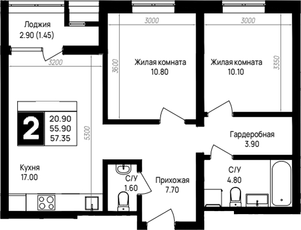 2-комн., 55.9 м², 6/9 этаж, ЖК «На высоком берегу»