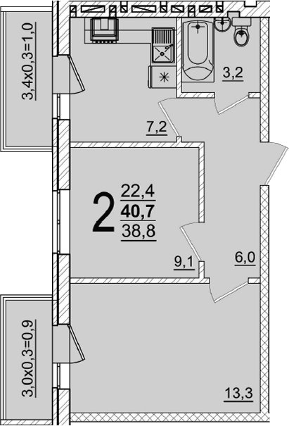 2-комн., 38.8 м², 4/5 этаж, ЖК «Дарград»