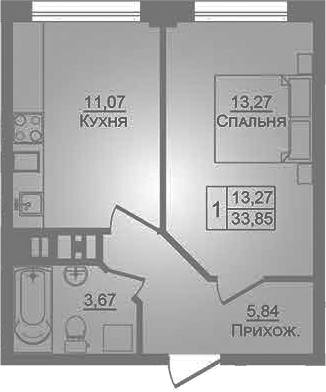 1-комн., 33.85 м², 1/9 этаж, ЖК «Портрет»