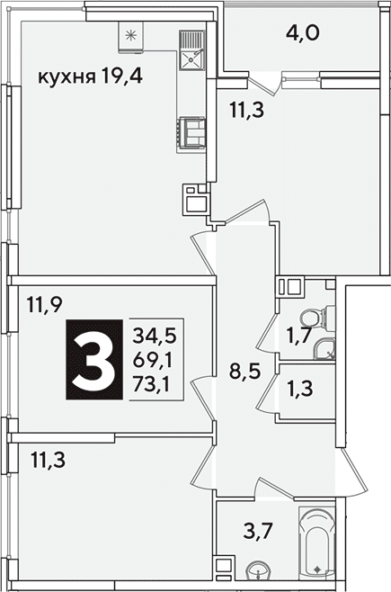 4+ комнаты, 69.1 м², 6/16 этаж, ЖК «Самолет»
