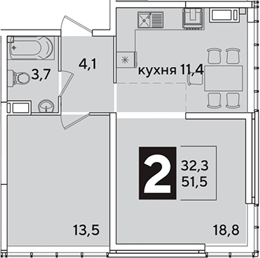 2-комн., 51.5 м², 15/16 этаж, ЖК «Самолет»