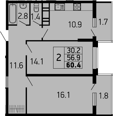 2-комн., 56.9 м², 3/24 этаж, ЖК «Абрикосово»