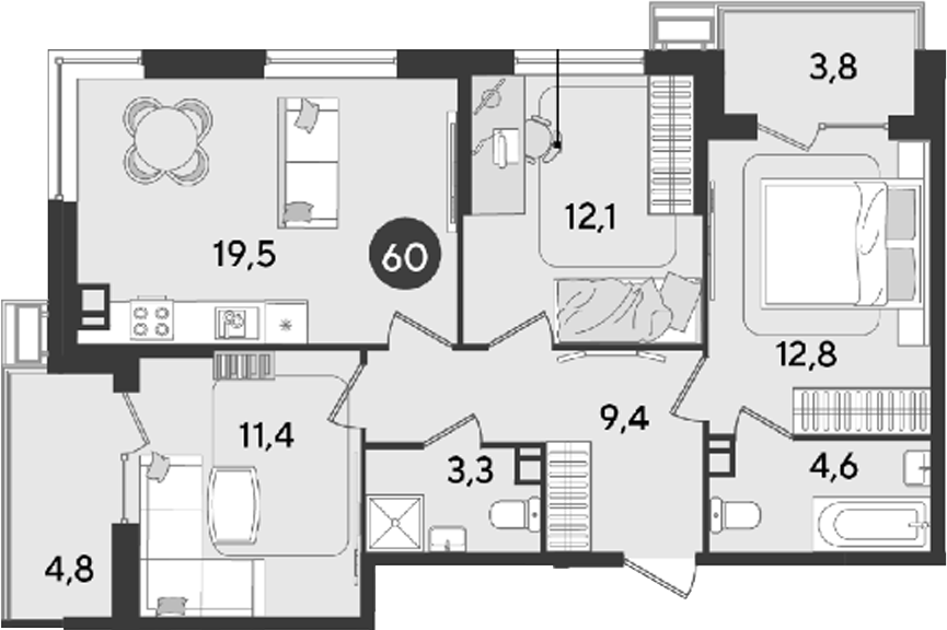 3-комн., 73.1 м², 3/9 этаж, ЖК «Парк Победы»