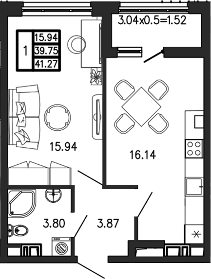 2-комн., 39.75 м², 1/7 этаж, ЖК «Суворов»