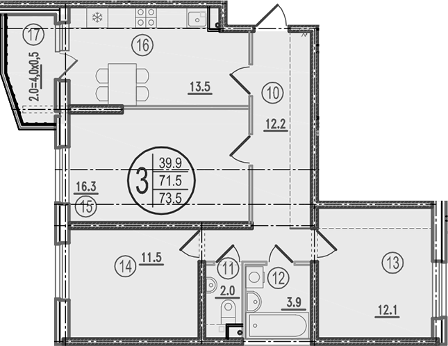 3-комн., 71.5 м², 2/9 этаж, ЖК «Спортивная деревня»