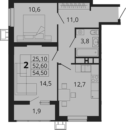 2-комн., 52.6 м², 12/18 этаж, ЖК «Родные Просторы»