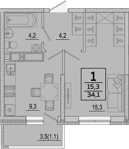1-комн., 33 м², 12/24 этаж, ЖК «Улыбка»