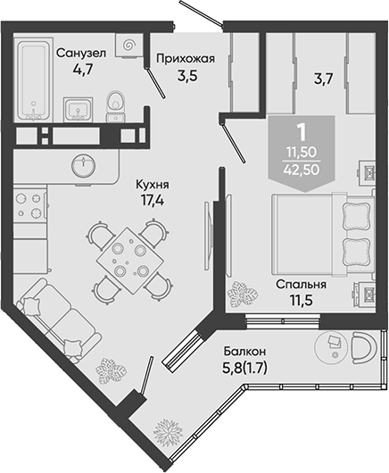 2-комн., 40.8 м², 3/24 этаж, ЖК «Облака»