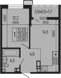 2-комн., 35.9 м², 5/7 этаж, ЖК «Звезды»
