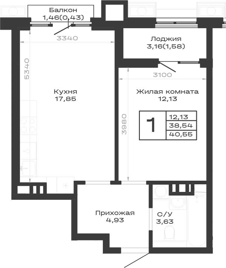 1-комн., 38.54 м², 2/9 этаж, ЖК «Суворов. ГК Во-первых»