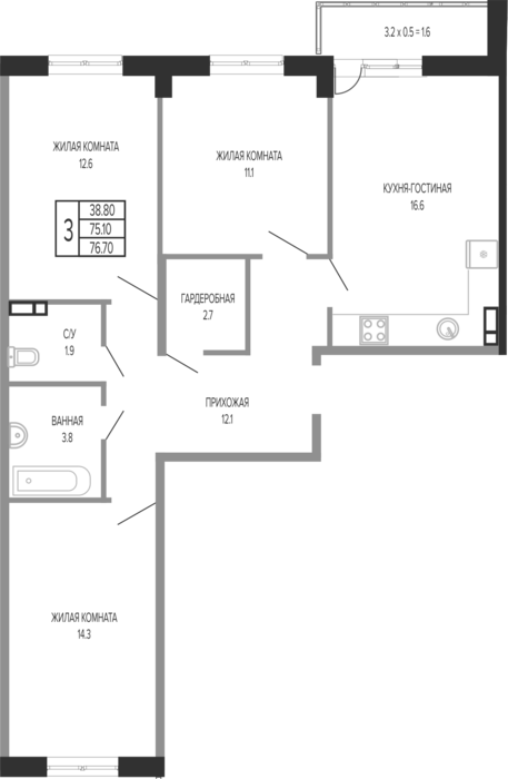 4+ комнаты, 75.1 м², 4/17 этаж, ЖК «Екатерининский парк»
