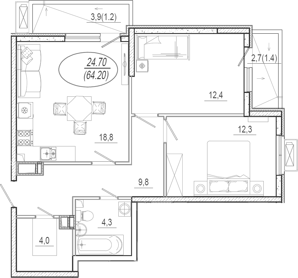 3-комн., 61.6 м², 9/15 этаж, ЖК «Микрорайон Южане»