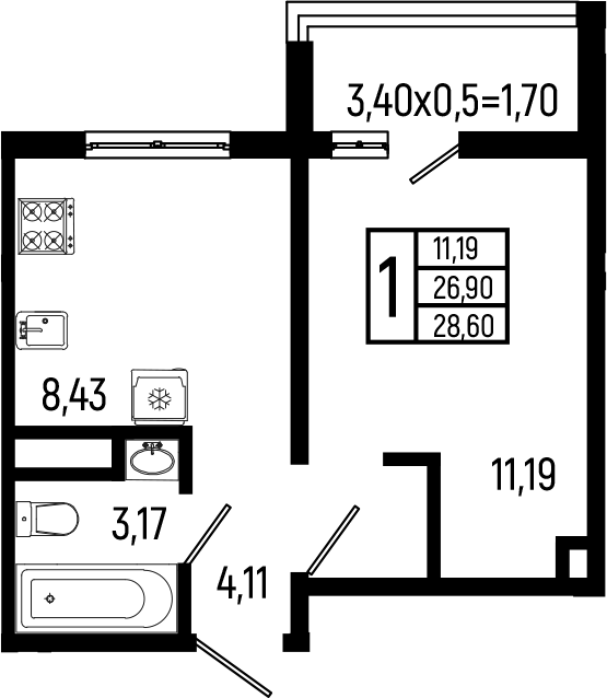 1-комн., 26.9 м², 5/9 этаж, ЖК «Ботаника Хиллс»