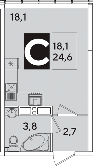 Студия, 24.6 м², 15/16 этаж, ЖК «Самолет»