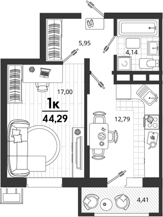 1-комн., 39.88 м², 17/18 этаж, ЖК «Родные Просторы»