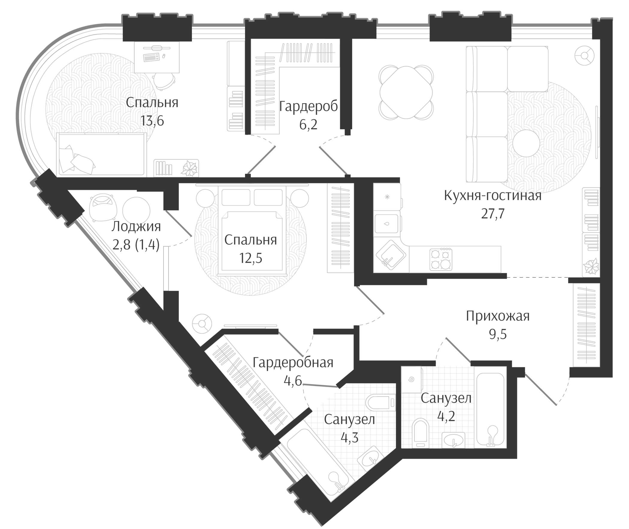 3-комн., 82.6 м², 7/15 этаж, ЖК «Брют Резиденс»