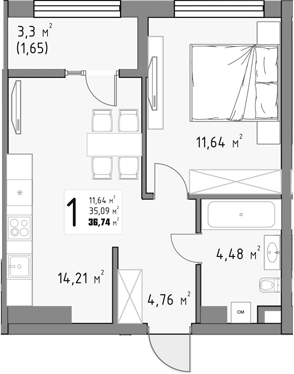 1-комн., 35.09 м², 14/15 этаж, ЖК «Коллекция»