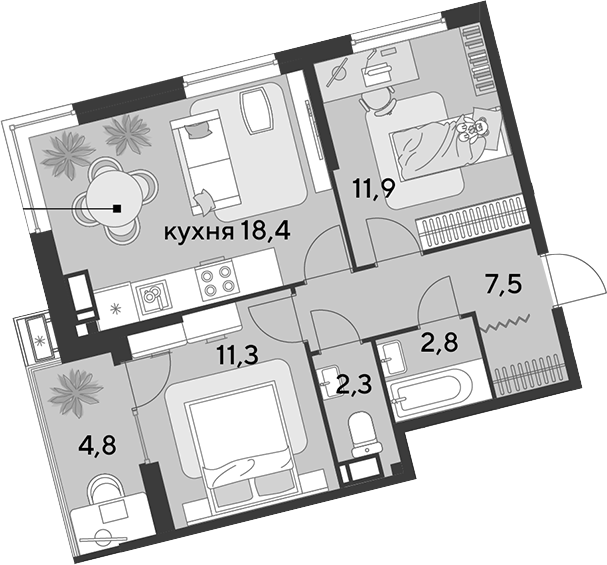 3-комн., 54.2 м², 11/18 этаж, ЖК «Парк Победы»