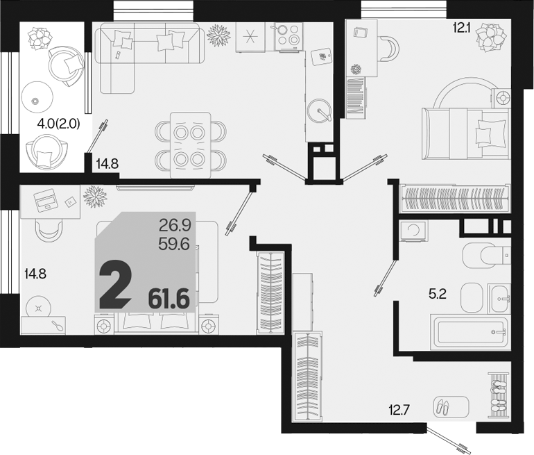 2-комн., 59.6 м², 4/18 этаж, ЖК «Первое место»