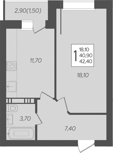1-комн., 40.9 м², 1/6 этаж, ЖК «Ярославский»