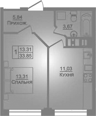 1-комн., 33.85 м², 2/9 этаж, ЖК «Портрет»