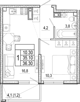 2-комн., 35.1 м², 11/17 этаж, ЖК «Лестория»