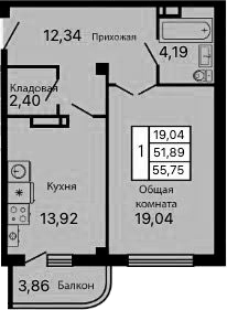 1-комн., 51.89 м², 8/9 этаж, ЖК «Атмосфера»