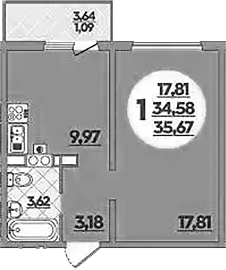 1-комн., 34.58 м², 2/5 этаж, ЖК «Тихорецк»