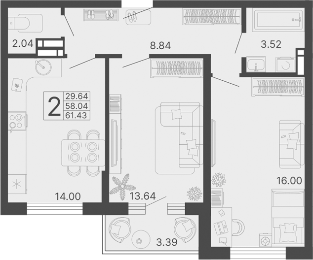 2-комн., 58.04 м², 3/17 этаж, ЖК «Светский лес»
