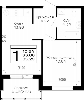 1-комн., 33.06 м², 3/4 этаж, ЖК «Усадьба Гостагаевская»