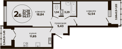 2-комн., 53.29 м², 23/24 этаж, ЖК «Гулливер»