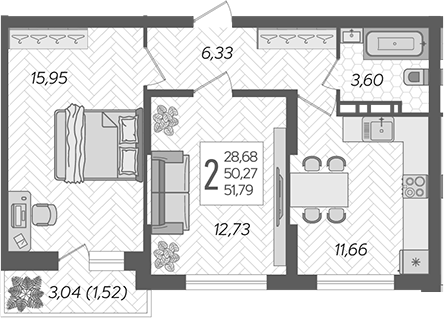 2-комн., 50.27 м², 2/16 этаж, ЖК «Смородина»
