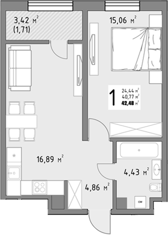 1-комн., 40.77 м², 8/9 этаж, ЖК «Коллекция»