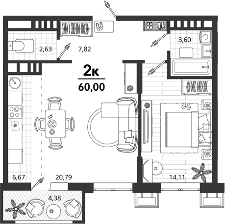 1-комн., 55.62 м², 5/9 этаж, ЖК «Родные Просторы»
