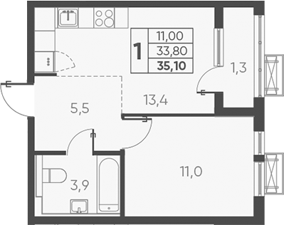 1-комн., 33.8 м², 4/24 этаж, ЖК «Барса»