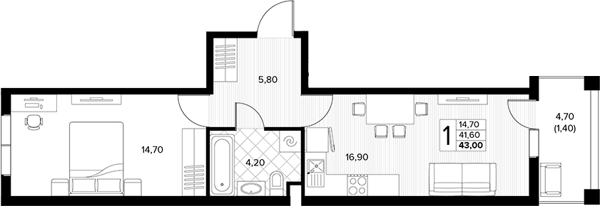 1-комн., 41.6 м², 1/7 этаж, ЖК «Кипарис»