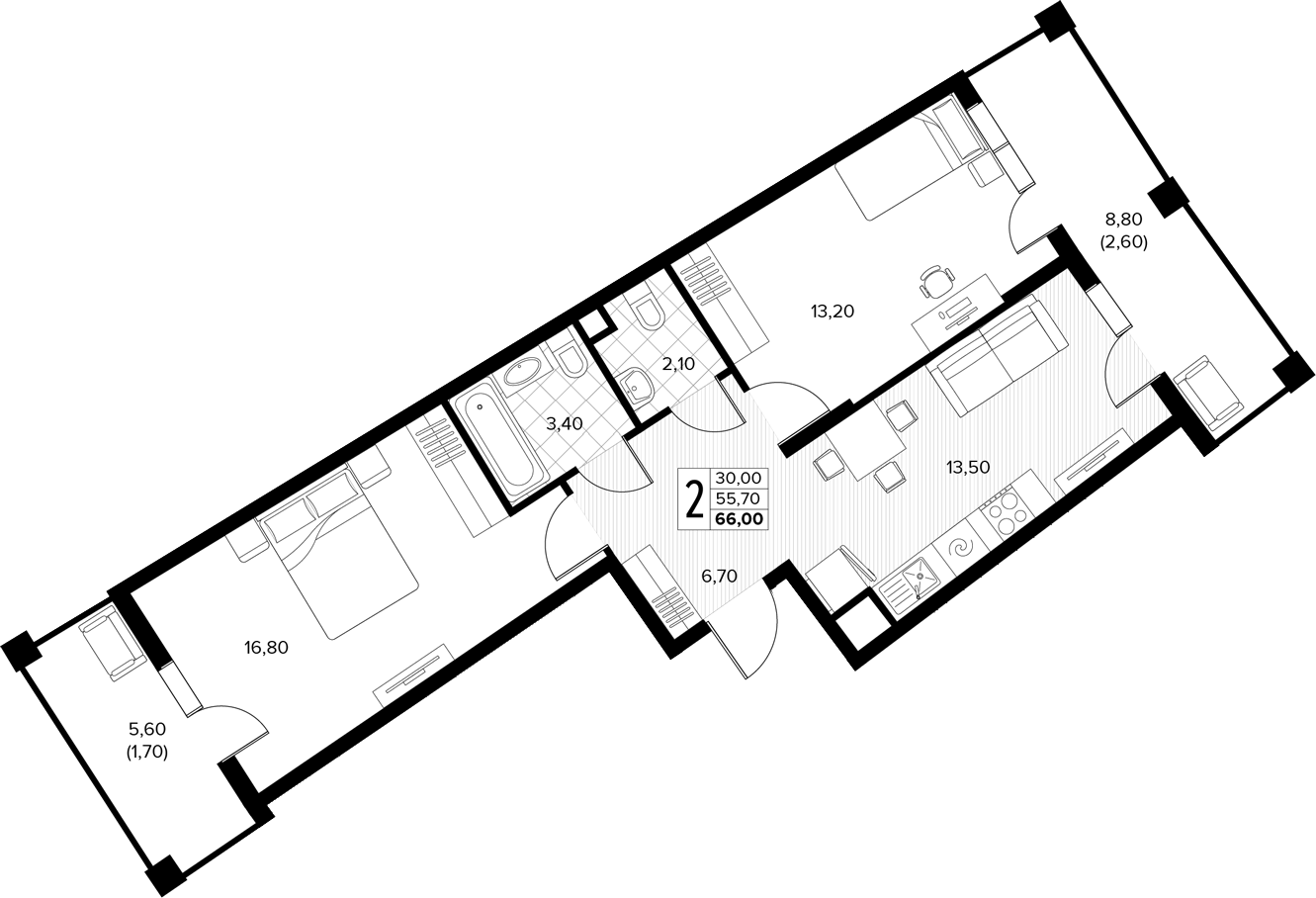 Продается 2-комн. квартира, 55.7 м²
