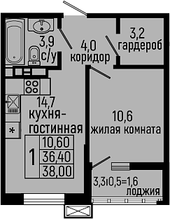 1-комн., 36.4 м², 4/11 этаж, ЖК «Звезды»