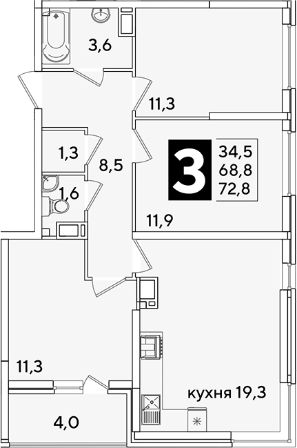 4+ комнаты, 68.8 м², 11/16 этаж, ЖК «Самолет»
