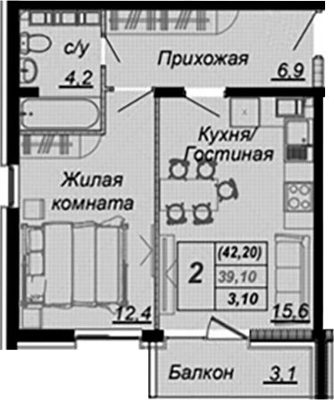 1-комн., 39.1 м², 13/15 этаж, ЖК «Чайные Холмы»