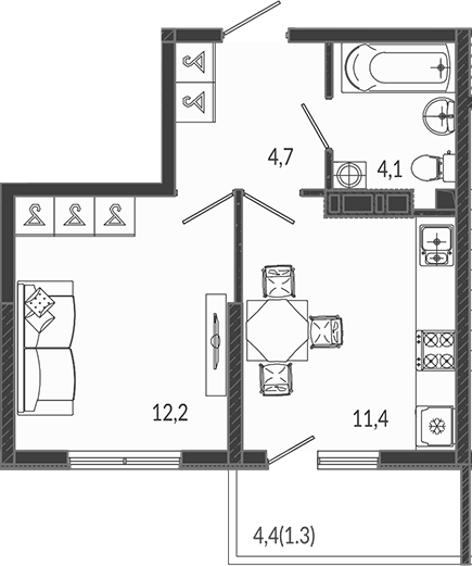 1-комн., 32.4 м², 10/12 этаж, ЖК «Флора»