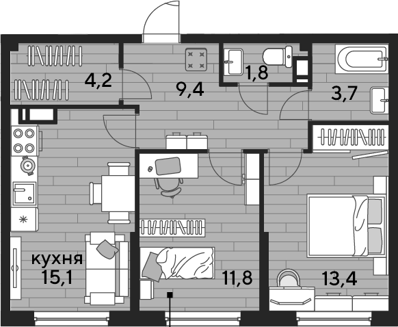 2-комн., 59.4 м², 14/16 этаж, ЖК «DОГМА ПАРК»
