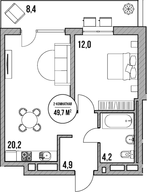 2-комн., 41.3 м², 2/5 этаж, ЖК «МореТут»