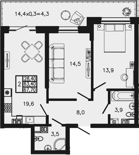 2-комн., 63.4 м², 1/4 этаж, ЖК «Экосфера»