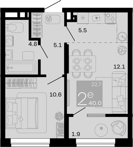 2-комн., 38.1 м², 6/8 этаж, ЖК «Хозяин Морей»
