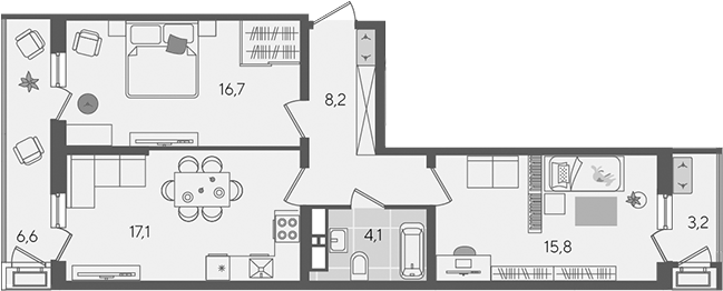 3-комн., 61.9 м², 23/24 этаж, ЖК «Рекорд»