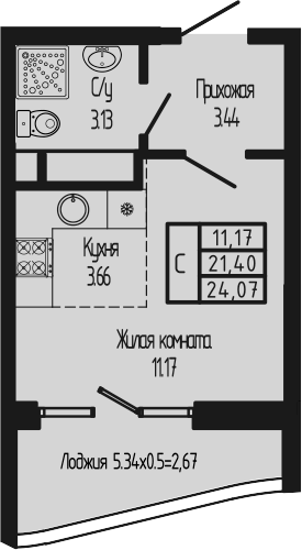 Студия, 21.4 м², 11/12 этаж, ЖК «Sun Hills Ольгинка»