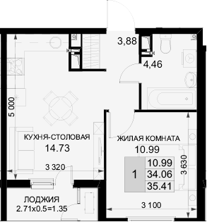 1-комн., 34.06 м², 15/18 этаж, ЖК «Фонтаны»