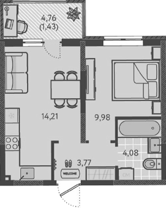 1-комн., 32.04 м², 2/9 этаж, ЖК «Теплые края»