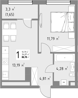 Продается 1-комн. квартира, 34.07 м²